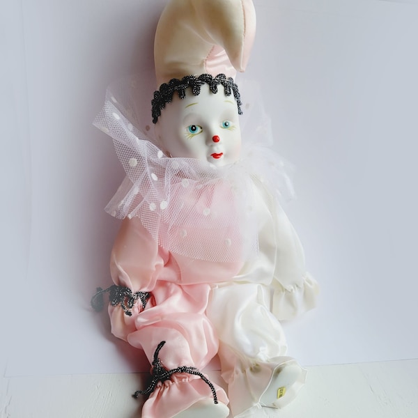 VINTAGE Pierrot Clown in a White & Pink Costume,  Clown Doll Collection, Ornament, Decoration, Rare (Pre-owned)