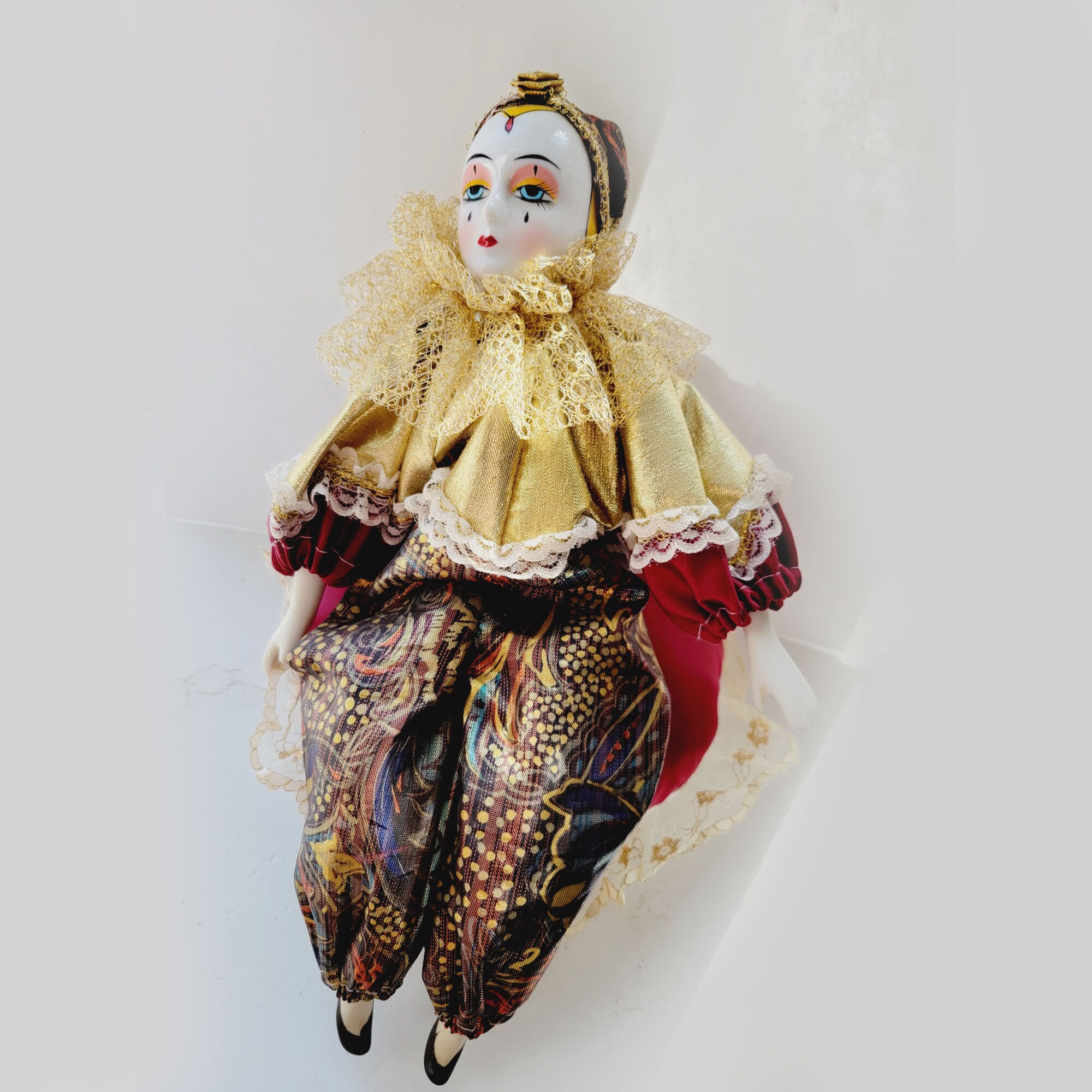 Poupée Ancienne - Clown vintage musical de collection en porcelaine peinte à la main - 33 cm - Label Emmaüs
