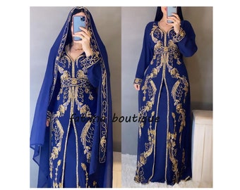 Sale !! Navy Blue African Attire Bridesmaid Abaya Long Maxi Formal Beaded Dubai Moroccan Kaftan for Women With in Head Scarf Dresses