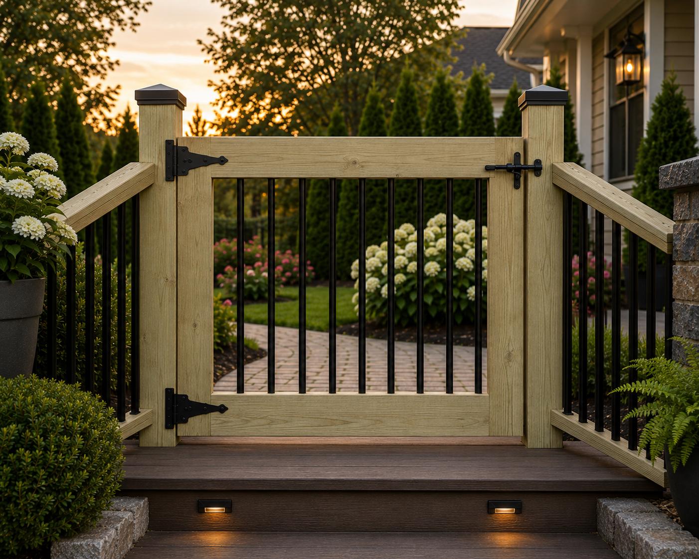 Custom Deck Gate With Black Balusters | Pressure Treated Outdoor Gate ...
