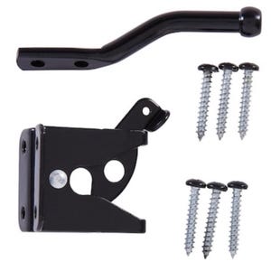 May include: A black metal gate latch set consisting of a long handle with two mounting holes, a locking mechanism with a pivot arm, and six silver-coloured wood screws. The components are arranged on a plain background for assembly.