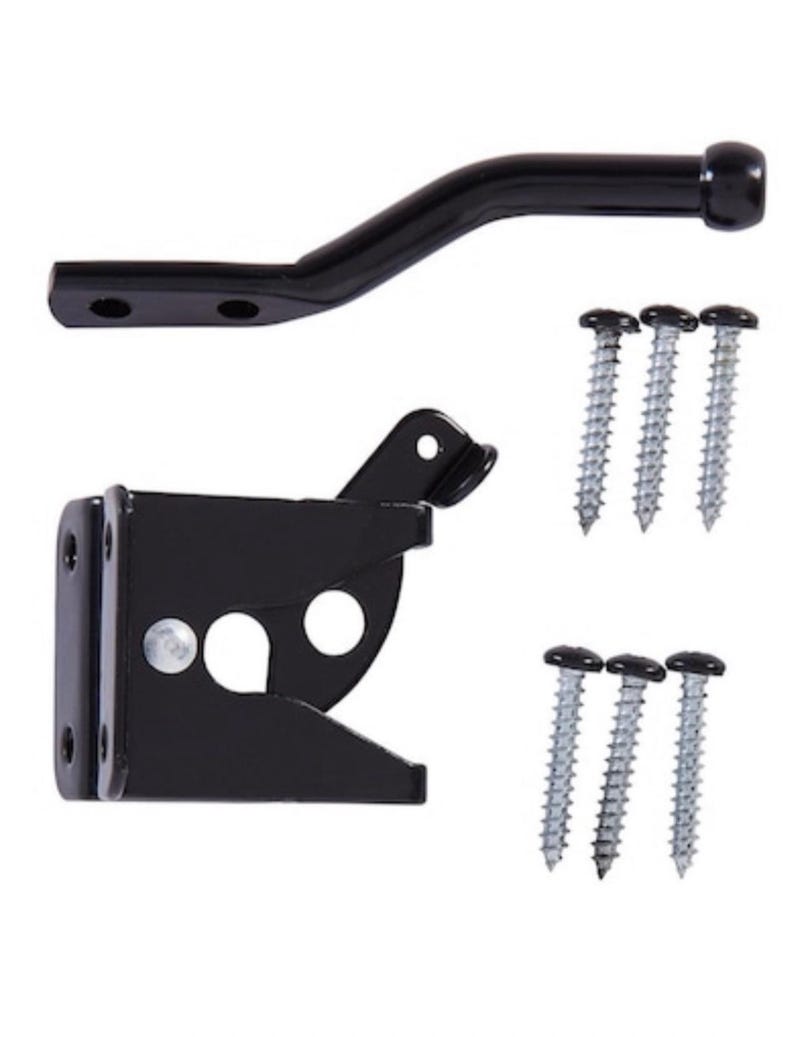 May include: A black metal gate latch set consisting of a long handle with two mounting holes, a locking mechanism with a pivot arm, and six silver-coloured wood screws. The components are arranged on a plain background for assembly.