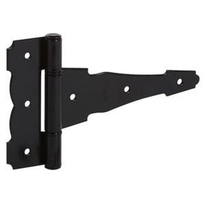 May include: A black metal T-hinge featuring a decorative scalloped edge on the mounting plate and a long, tapered strap. The hinge includes a central cylindrical barrel and five pre-drilled circular holes for installation hardware.