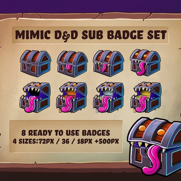 Badges D&D Mimic Sub/Bit pour Twitch - Coffre au trésor Donjons et monstre Dragons