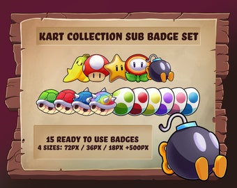 Kart Collection Sub / Bit Badges for Twitch - Toadstool Mushroom Star Bomb Fire Flower Egg Shell banana 1up