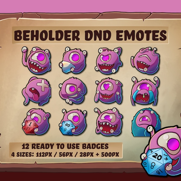 DnD Pink Beholder Emotes for Twitch and Discord - Dungeons and Dragons Monster Dice Eyeball