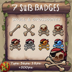 Skull and Crossbones Sub / Bit Badges for Twitch - Pirate Skeleton Nautical Flag