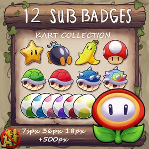 Kart Collection Sub / Bit Badges for Twitch - Toadstool Mushroom Star Bomb Fire Flower Egg Shell banana 1up