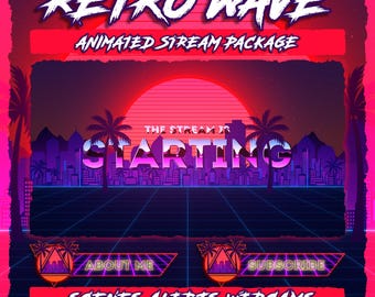 Animerad Retro Wave, Synthwave Stream Overlay-paket: Twitch, YouTube, Kick