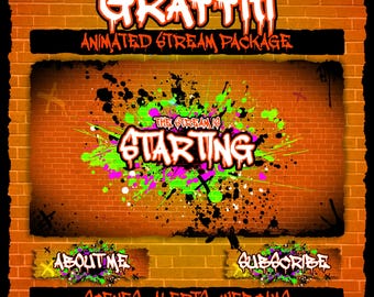 May include: A digital graphic with a graffiti theme. The design features the word "Graffiti" in a dripping font, with the words "Animated Stream Package" below. The background is a brick wall with colourful paint splatters and the words "The Stream Is Starting".