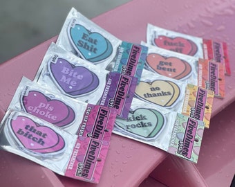 Conversation Heart Valentine's Day Profanity Car Air Freshener | Pink, Purple, Blue, Green, Orange, Teal, Yellow, Red