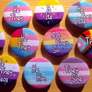 Custom 1.75&quot; LGBTQ+ Pronoun Pin Buttons | Lesbian, Gay, Non-binary, Demisexual, Aromantic, Genderfluid, Bisexual