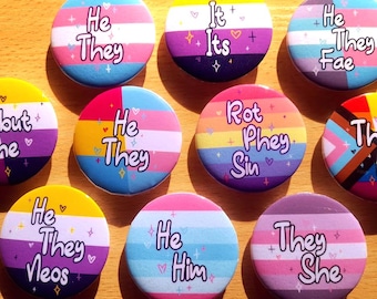 Custom 1.75" LGBTQ+ Pronoun Pin Buttons | Lesbian, Gay, Non-binary, Demisexual, Aromantic, Genderfluid, Bisexual, Gift, Any flag