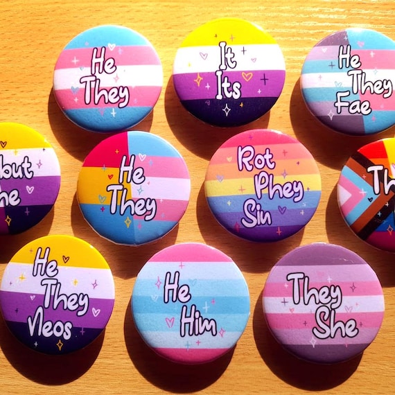 Custom 1.75" LGBTQ+ Pronoun Pin Buttons | Lesbian, Gay, Non-binary, Demisexual, Aromantic, Genderfluid, Bisexual, Gift, Any flag
