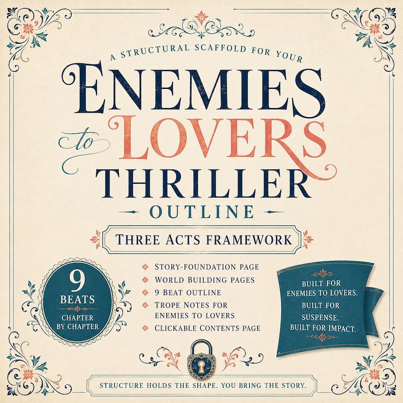 May include: A digital document titled Enemies to Lovers Thriller Outline with a Three Acts Framework. It features a 9-beat chapter-by-chapter structure, story-foundation pages, world-building pages, trope notes, and a clickable contents page.