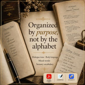 May include: A collection of vintage-style stationery featuring a central page with the text Organized by purpose, not by the alphabet, surrounded by open books, a fountain pen, a metal clip, and notes labeled Character Notes and Setting Sensory.