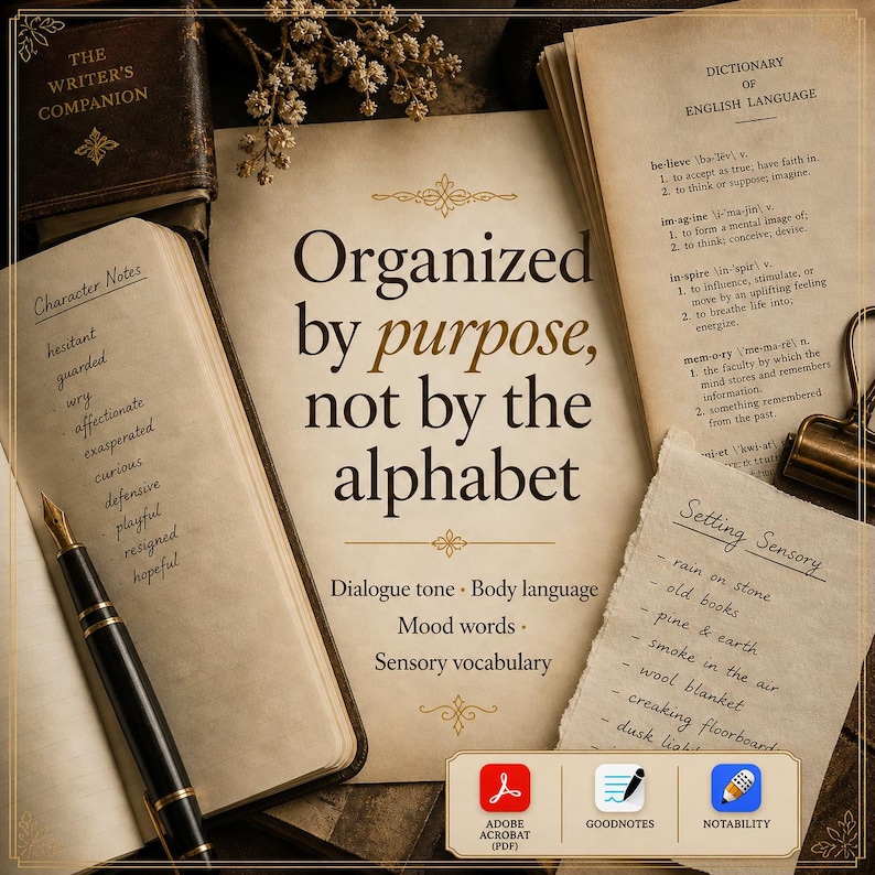 May include: A collection of vintage-style stationery featuring a central page with the text Organized by purpose, not by the alphabet, surrounded by open books, a fountain pen, a metal clip, and notes labeled Character Notes and Setting Sensory.