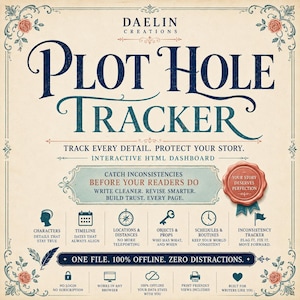 May include: A cream-colored digital dashboard titled Plot Hole Tracker by Daelin Creations. It features dark blue text, decorative floral corners, and icons for characters, timelines, locations, objects, schedules, and an inconsistency tracker.