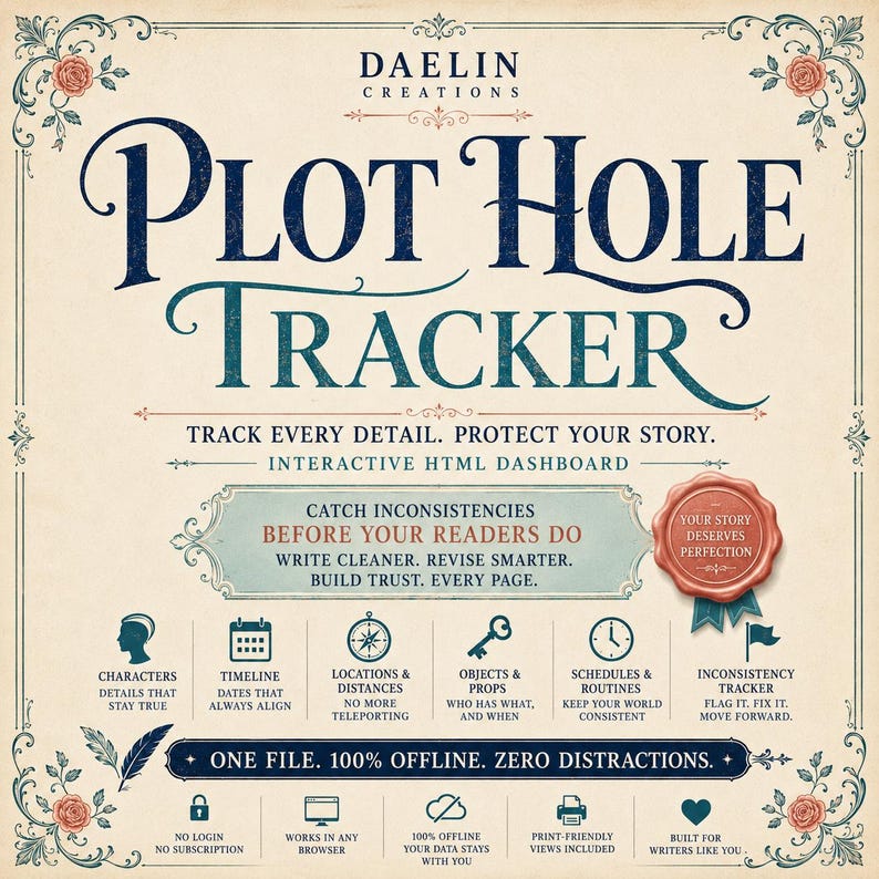 May include: A cream-colored digital dashboard titled Plot Hole Tracker by Daelin Creations. It features dark blue text, decorative floral corners, and icons for characters, timelines, locations, objects, schedules, and an inconsistency tracker.