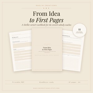 May include: A beige workbook titled From Idea to First Pages, a thriller writer's workbook for the stretch nobody teaches. It includes 11 guided stations, 27 pages in A4 size, and is a printable PDF and GoodNotes ready digital document.