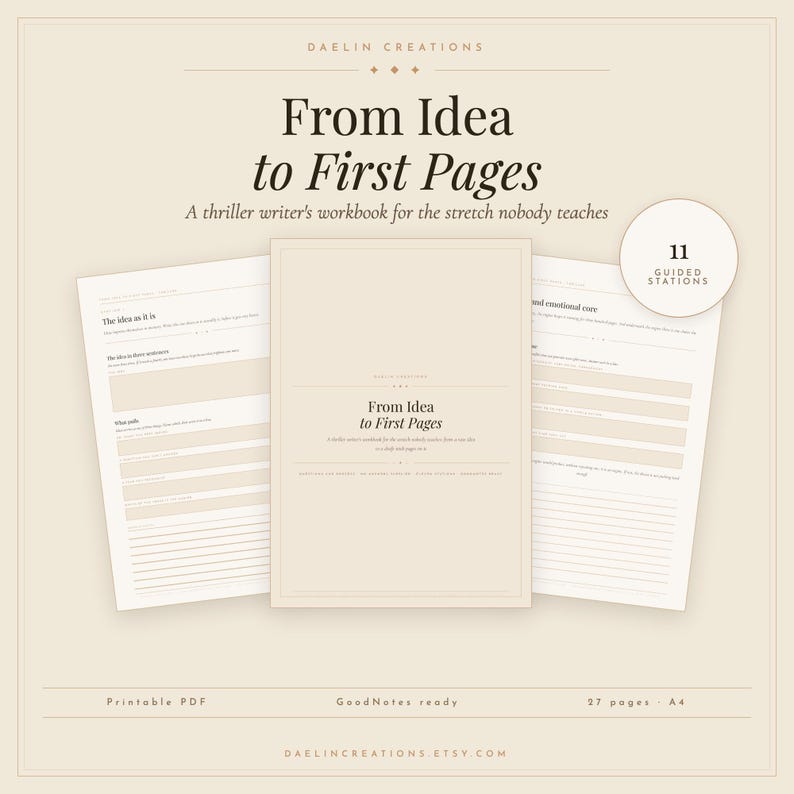 May include: A beige workbook titled From Idea to First Pages, a thriller writer's workbook for the stretch nobody teaches. It includes 11 guided stations, 27 pages in A4 size, and is a printable PDF and GoodNotes ready digital document.