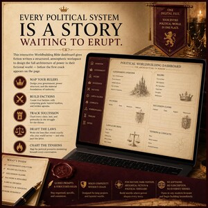 May include: A digital political worldbuilding dashboard displayed on a laptop screen, featuring sections for government, rulers, factions, laws, and conflicts. The interface includes a sidebar menu, text fields, and illustrations of a castle, crown, and scales.