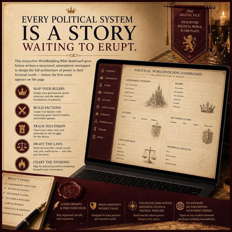 May include: A digital political worldbuilding dashboard displayed on a laptop screen, featuring sections for government, rulers, factions, laws, and conflicts. The interface includes a sidebar menu, text fields, and illustrations of a castle, crown, and scales.