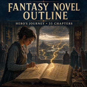 Può includere: Un'illustrazione digitale intitolata FANTASY NOVEL OUTLINE HERO'S JOURNEY 35 CHAPTERS che mostra una persona che scrive su un grande libro aperto. Una luce dorata emana dalle pagine verso una città lontana visibile attraverso archi in pietra.