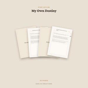 以下が含まれることがあります： Daelin Creationsによる32ページのストーリーアウトラインドキュメント「My Own Destiny」。このドキュメントは、黒いテキストが記載された複数の白いページが重なって構成されており、物語の計画とキャラクター開発のための構造化されたセクションが含まれています。