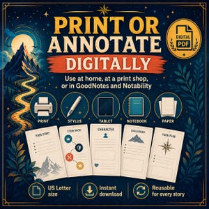 May include: Digital PDF with the text "PRINT OR ANNOTATE DIGITALLY". The image shows a mountain path, icons for printing, stylus, tablet, notebook, and paper, and cards labeled "YOUR STORY", "STORY PATH", "CHARACTER", "CHALLENGES", and "YOUR PLAN".