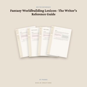 K&ouml;nnte beinhalten: Ein digitaler Referenzleitfaden mit dem Titel Fantasy Worldbuilding Lexicon- The Writer's Reference Guide, bestehend aus vier &uuml;berlappenden wei&szlig;en Seiten mit dunklem Text auf beigem Hintergrund. Das Dokument umfasst 37 Seiten von Daelin Creations.