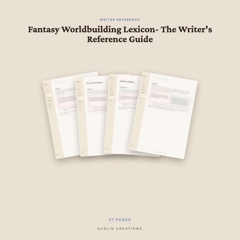 K&ouml;nnte beinhalten: Ein digitaler Referenzleitfaden mit dem Titel Fantasy Worldbuilding Lexicon- The Writer's Reference Guide, bestehend aus vier &uuml;berlappenden wei&szlig;en Seiten mit dunklem Text auf beigem Hintergrund. Das Dokument umfasst 37 Seiten von Daelin Creations.
