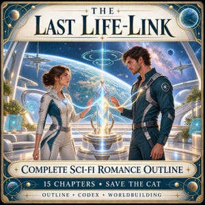 May include: A digital book cover titled THE LAST LIFE-LINK, featuring a man and woman in futuristic uniforms reaching toward a glowing crystal. The text reads COMPLETE SCI-FI ROMANCE OUTLINE, 15 CHAPTERS, SAVE THE CAT, OUTLINE + CODEX + WORLDBUILDING.