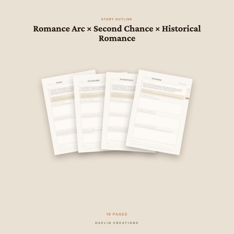 Puede incluir: Una plantilla digital de esquema de historia con cuatro p&aacute;ginas blancas superpuestas con encabezados de texto que incluyen Romance Arc, Second Chance y Historical Romance. El documento contiene 19 p&aacute;ginas en total y lleva el texto Daelin Creations.