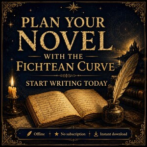 May include: An advertisement with the text "Plan Your Novel with the Fichtean Curve." The image features an open book, a quill and inkwell, a lit candle, and a castle in the background. The text also includes "Start Writing Today."