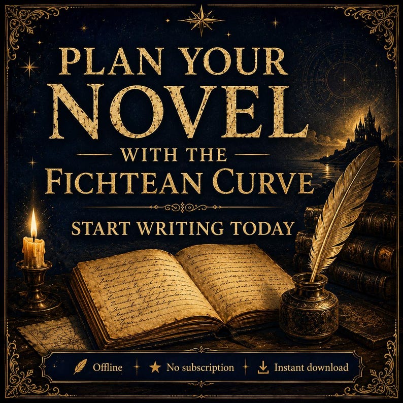 May include: An advertisement with the text "Plan Your Novel with the Fichtean Curve." The image features an open book, a quill and inkwell, a lit candle, and a castle in the background. The text also includes "Start Writing Today."