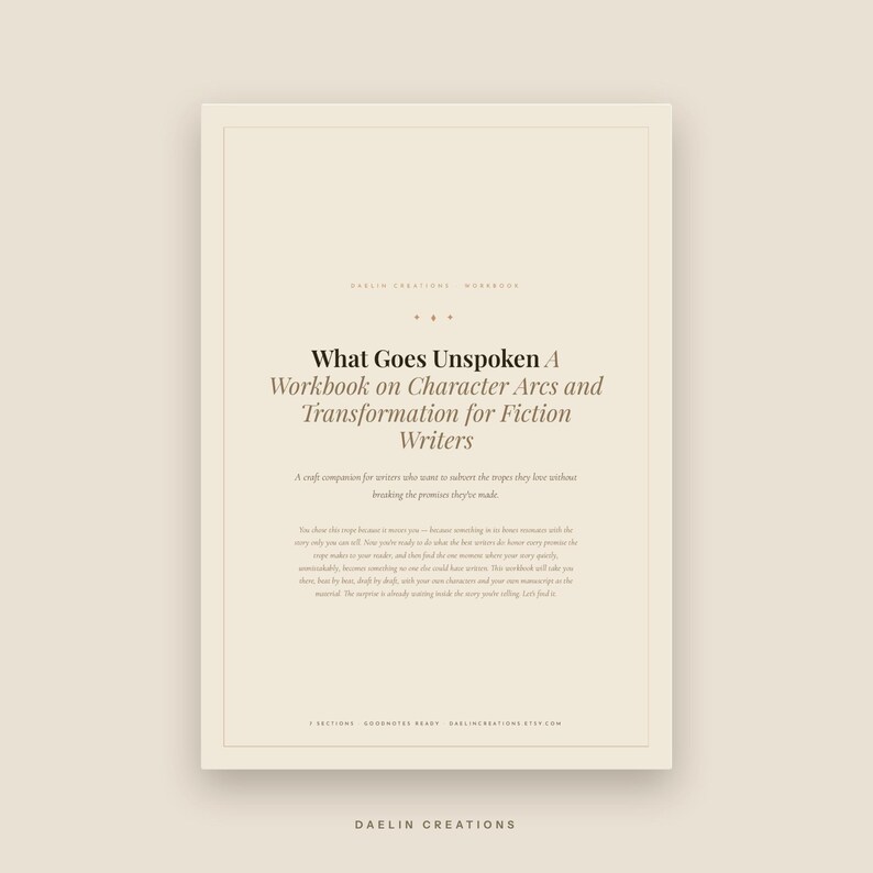 Op de afbeelding: Een beige digitale werkboekomslag met de titel What Goes Unspoken: A Workbook on Character Arcs and Transformation for Fiction Writers. De tekst bevat een ondertitel, een beschrijvende alinea, 7 secties en Goodnotes ready branding.