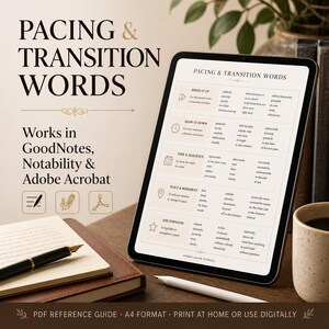 May include: A digital tablet displaying a Pacing and Transition Words reference guide with categories for speed, time, sequence, and movement. The screen shows text lists and icons. A notebook, a black fountain pen, and a white stylus are nearby.