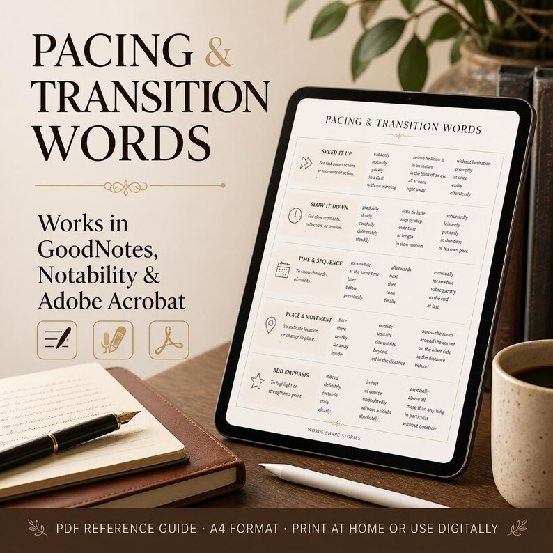May include: A digital tablet displaying a Pacing and Transition Words reference guide with categories for speed, time, sequence, and movement. The screen shows text lists and icons. A notebook, a black fountain pen, and a white stylus are nearby.