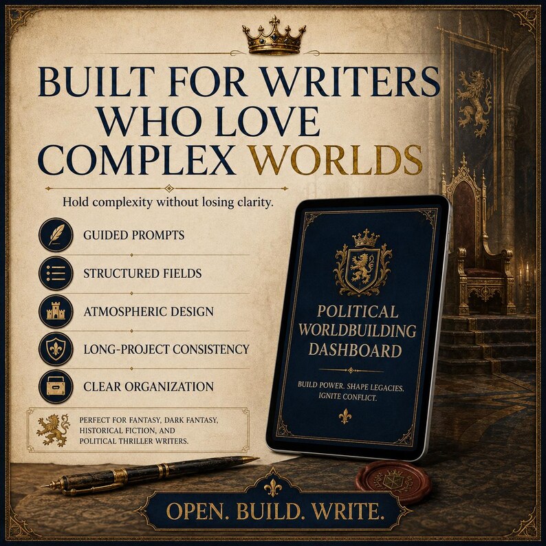 May include: A digital tablet displaying the Political Worldbuilding Dashboard with a gold crown icon, a fountain pen, and a wax seal. The text reads: Built for writers who love complex worlds, Hold complexity without losing clarity, and Open. Build. Write.