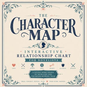May include: A cream-coloured graphic chart titled The Character Map, featuring dark blue typography, a central silhouette icon, and a row of seven symbols representing love, hate, family, debt, secret, alliance, and rivalry for novelists.
