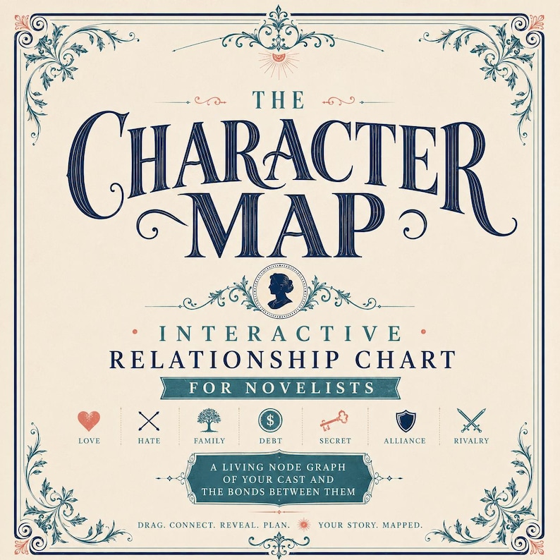May include: A cream-coloured graphic chart titled The Character Map, featuring dark blue typography, a central silhouette icon, and a row of seven symbols representing love, hate, family, debt, secret, alliance, and rivalry for novelists.