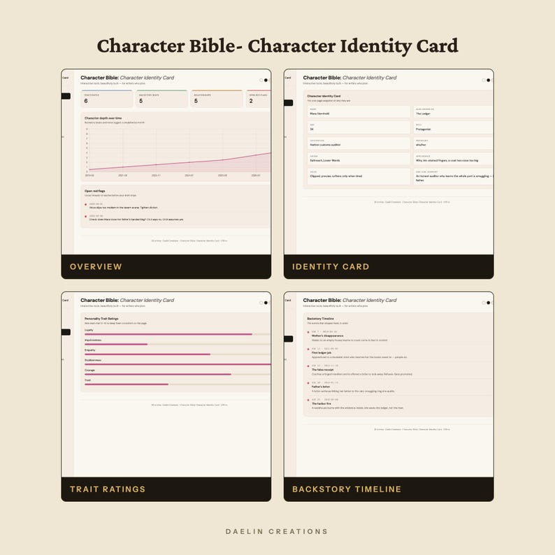 May include: A digital Character Bible and Character Identity Card template featuring four distinct sections: Overview, Identity Card, Trait Ratings, and Backstory Timeline. The layout uses a clean, light beige background with dark text and pink accents.