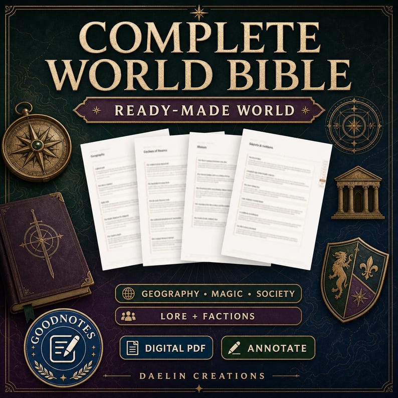 May include: A digital planner titled COMPLETE WORLD BIBLE READY-MADE WORLD featuring four white pages of text, a purple book with a compass emblem, a gold compass, a temple icon, and a shield. Includes labels for Geography, Magic, Society, and Lore.