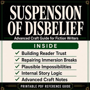 Puede incluir: Una gu&iacute;a de referencia en PDF imprimible titulada Suspension of Disbelief: Advanced Craft Guide for Fiction Writers. El documento enumera temas que incluyen Building Reader Trust, Repairing Immersion Breaks, Plausible Impossibilities, Internal Story Logic y Advanced Craft Notes.