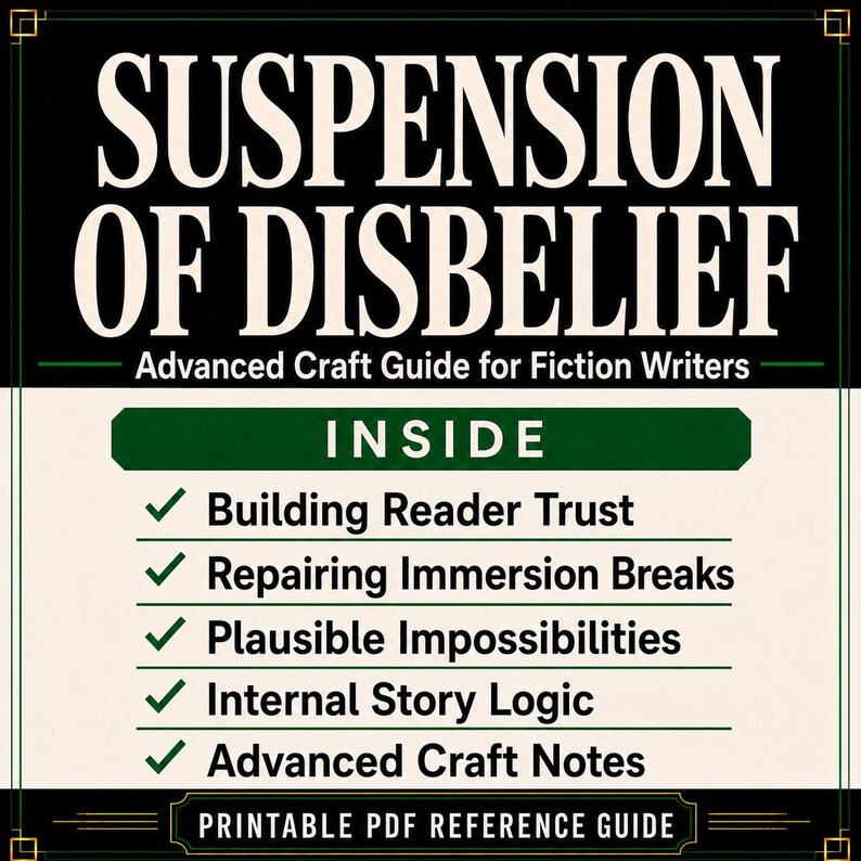 Puede incluir: Una gu&iacute;a de referencia en PDF imprimible titulada Suspension of Disbelief: Advanced Craft Guide for Fiction Writers. El documento enumera temas que incluyen Building Reader Trust, Repairing Immersion Breaks, Plausible Impossibilities, Internal Story Logic y Advanced Craft Notes.