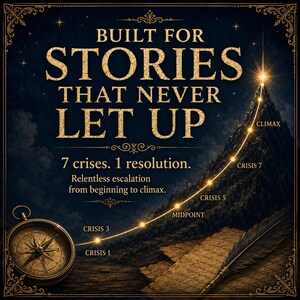 May include: A dark blue graphic with gold text that reads "BUILT FOR STORIES THAT NEVER LET UP." It also includes a compass, a feather, and a mountain with a line showing the escalation of a story's crises.
