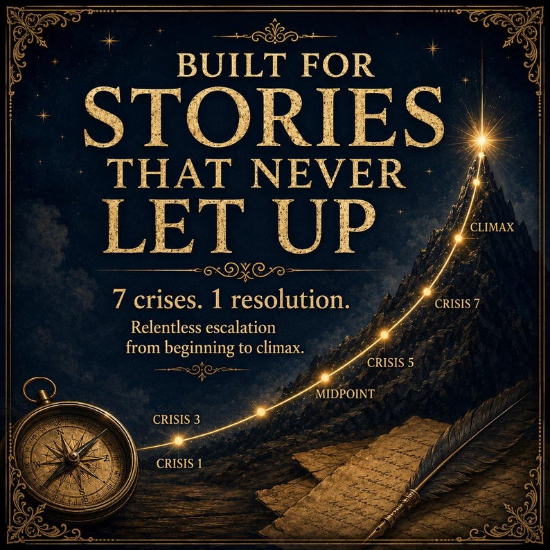 May include: A dark blue graphic with gold text that reads "BUILT FOR STORIES THAT NEVER LET UP." It also includes a compass, a feather, and a mountain with a line showing the escalation of a story's crises.