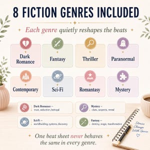 May include: An infographic titled 8 FICTION GENRES INCLUDED featuring icons for Dark Romance, Fantasy, Thriller, Paranormal, Contemporary, Sci-Fi, Romantasy, and Mystery. It includes descriptive text for each genre and the phrase One beat sheet never behaves the same in every genre.