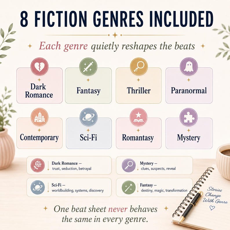 May include: An infographic titled 8 FICTION GENRES INCLUDED featuring icons for Dark Romance, Fantasy, Thriller, Paranormal, Contemporary, Sci-Fi, Romantasy, and Mystery. It includes descriptive text for each genre and the phrase One beat sheet never behaves the same in every genre.